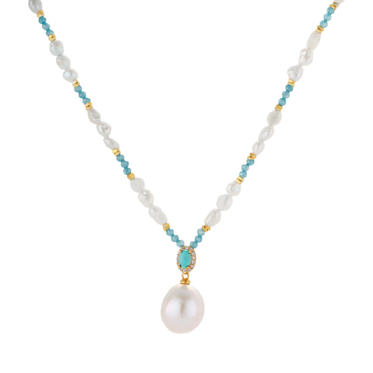 Beaded necklace with baroque pearls, turquoise stones, and gold accents featuring a large pearl pendant on white background.