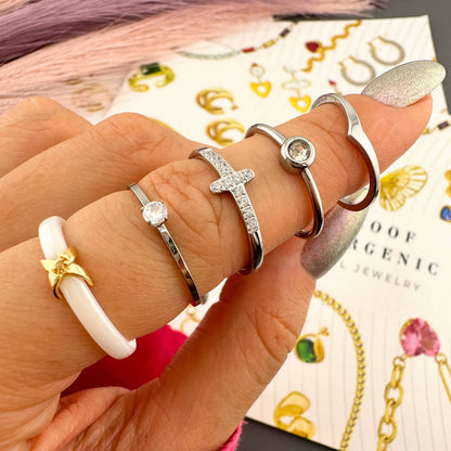 White Ceramic, waterproof 18K gold plated steel ring