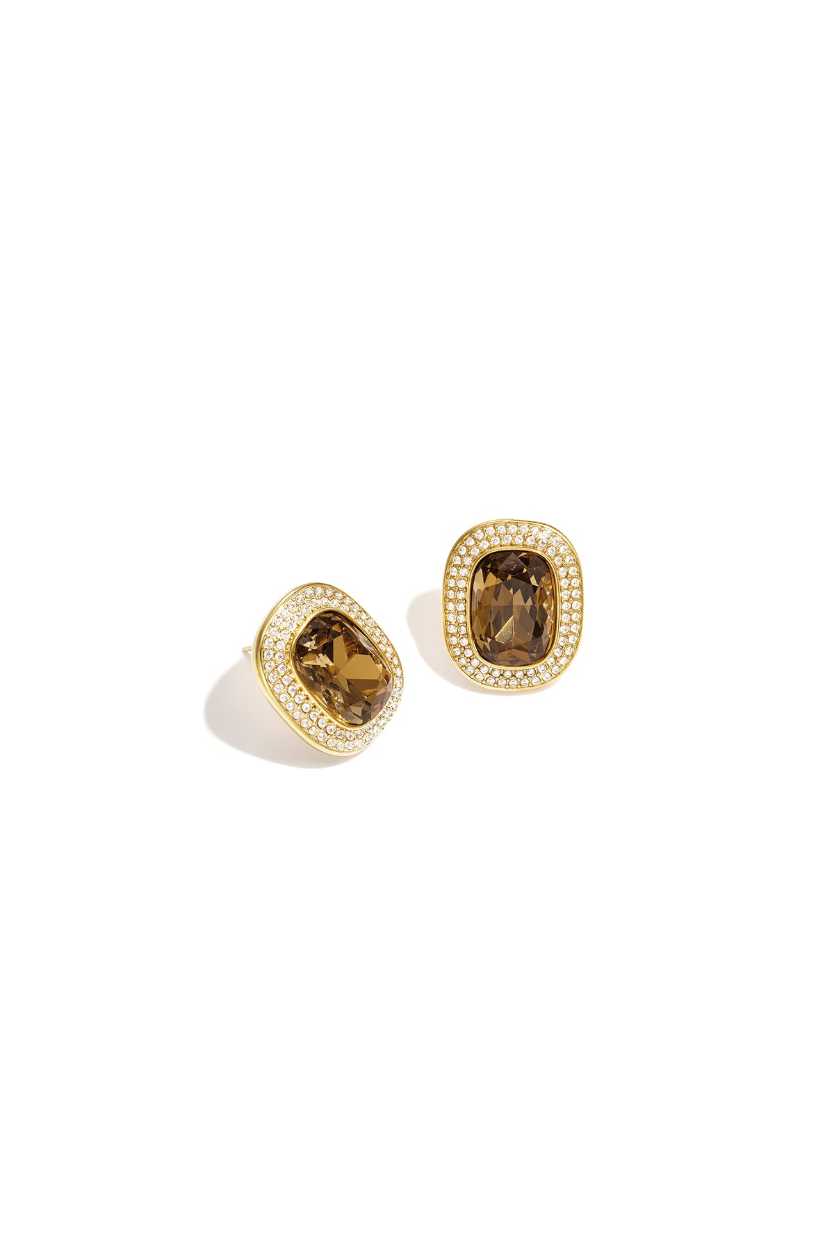 Eclat Halo Studs in smoke, a cushion-cut crystal set in gold with a pave surround