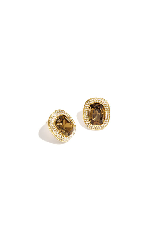 Eclat Halo Studs in smoke, a cushion-cut crystal set in gold with a pave surround
