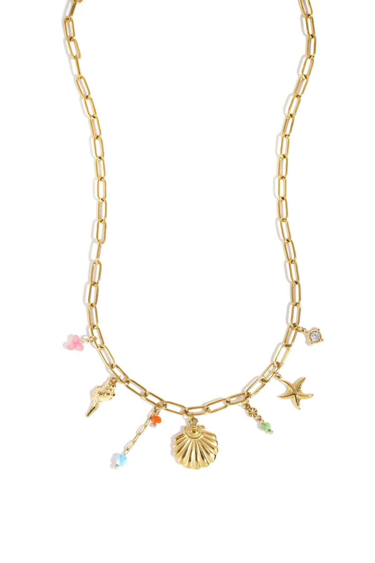 Lagon shell necklace in gold — shell, starfish and conch charms with glass beads, Veneris & Co