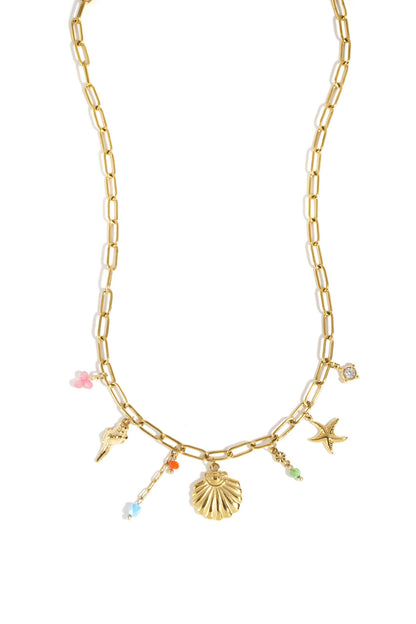 Lagon shell necklace in gold — shell, starfish and conch charms with glass beads, Veneris & Co