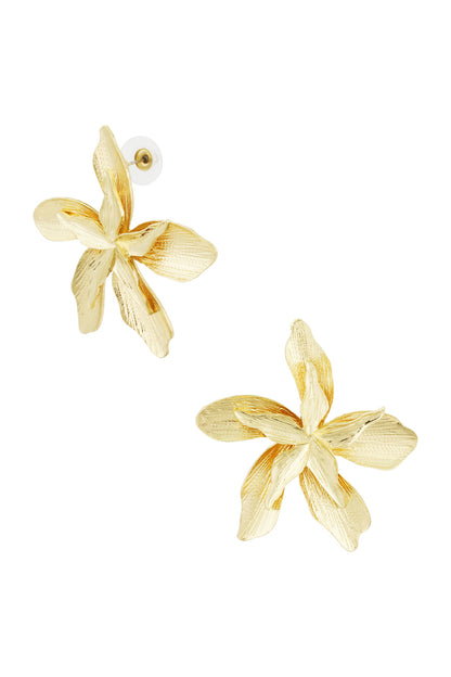 Gold-tone sculptural orchid flower statement earrings
