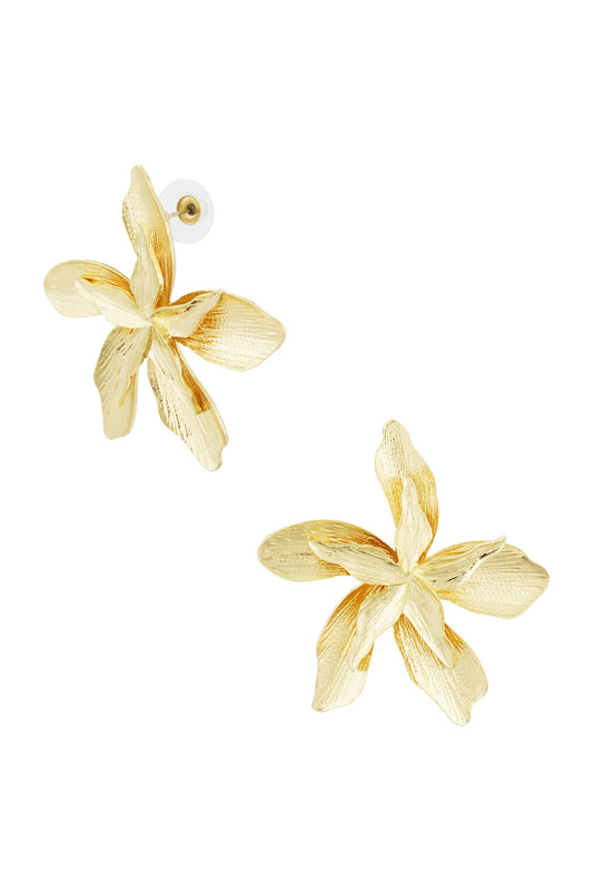 Gold-tone sculptural orchid flower statement earrings