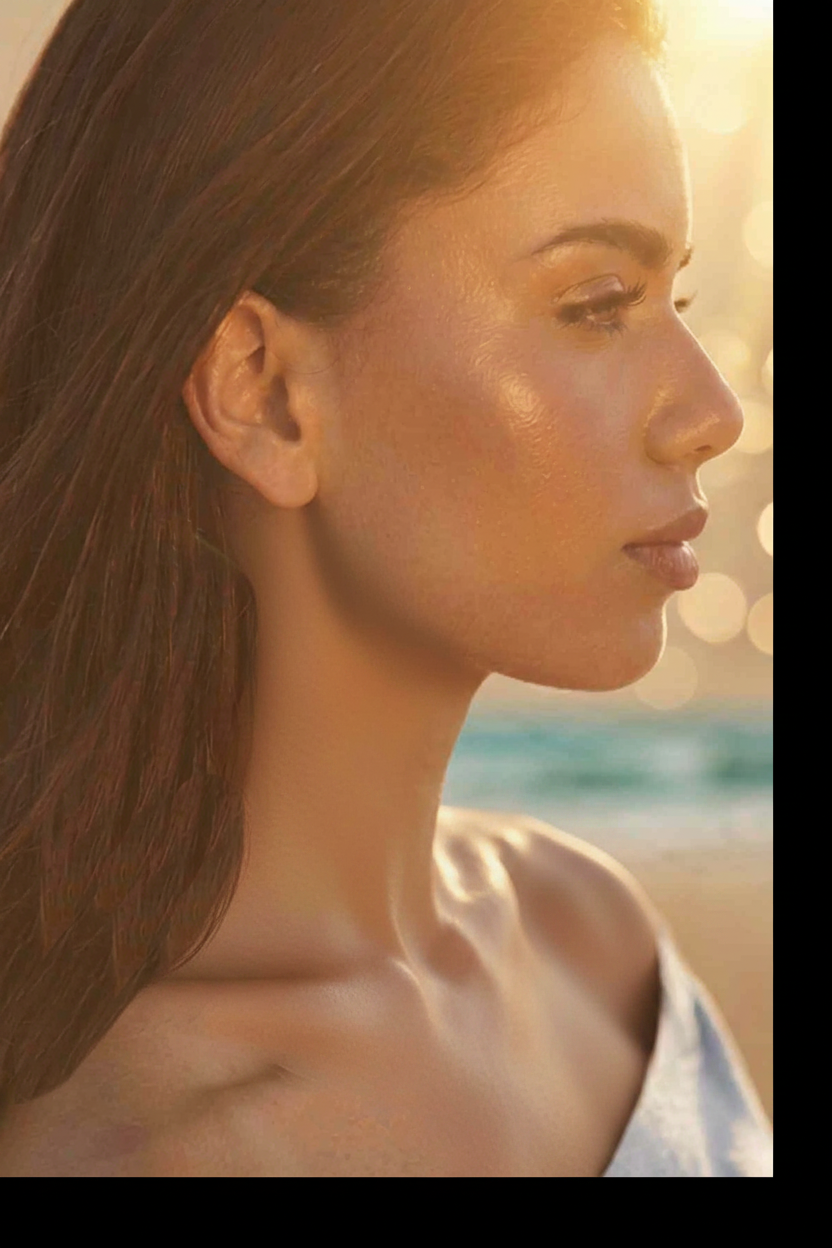 Close-up side profile of a woman outdoors with warm golden sunlight, blurred beach background, and visible freckles across her nose and shoulder.