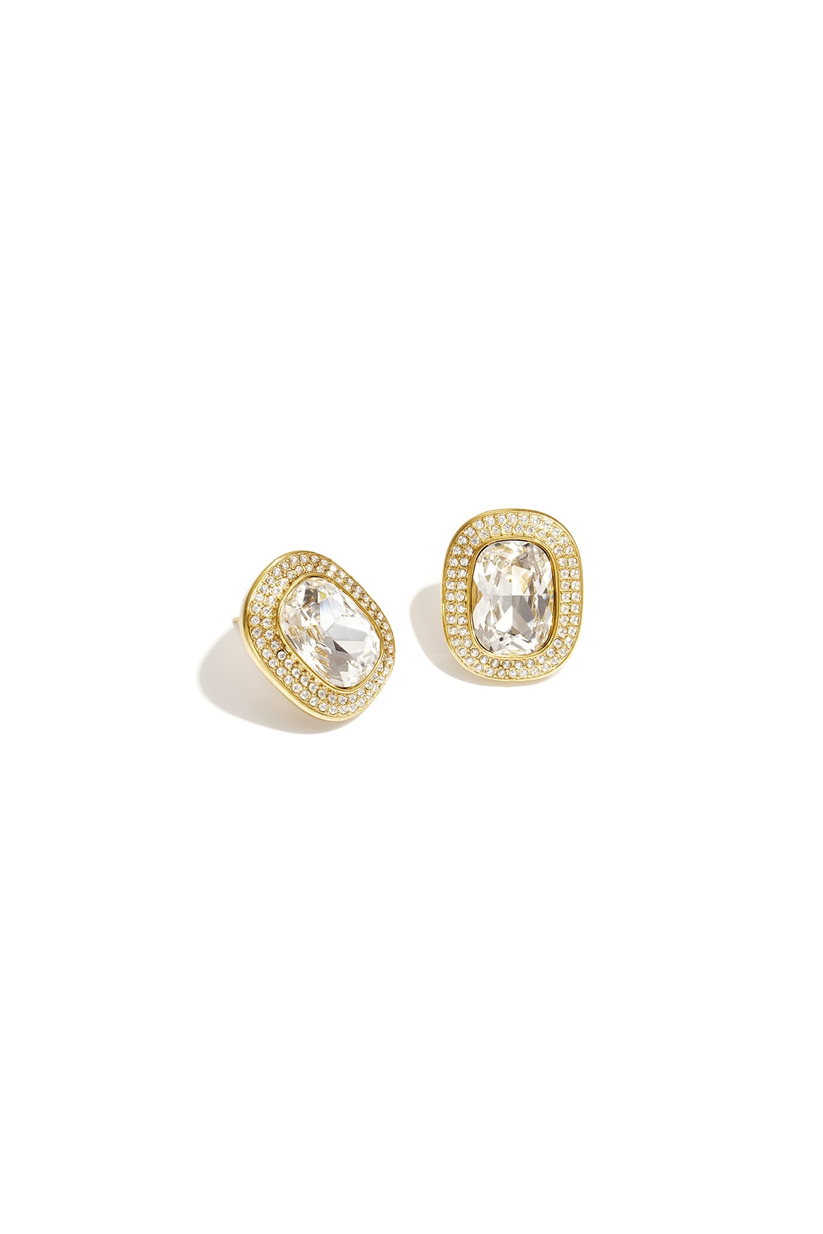 Eclat Halo Studs in clear crystal, set in gold with a pave surround