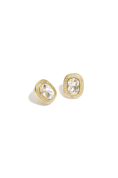 Eclat Halo Studs in clear crystal, set in gold with a pave surround