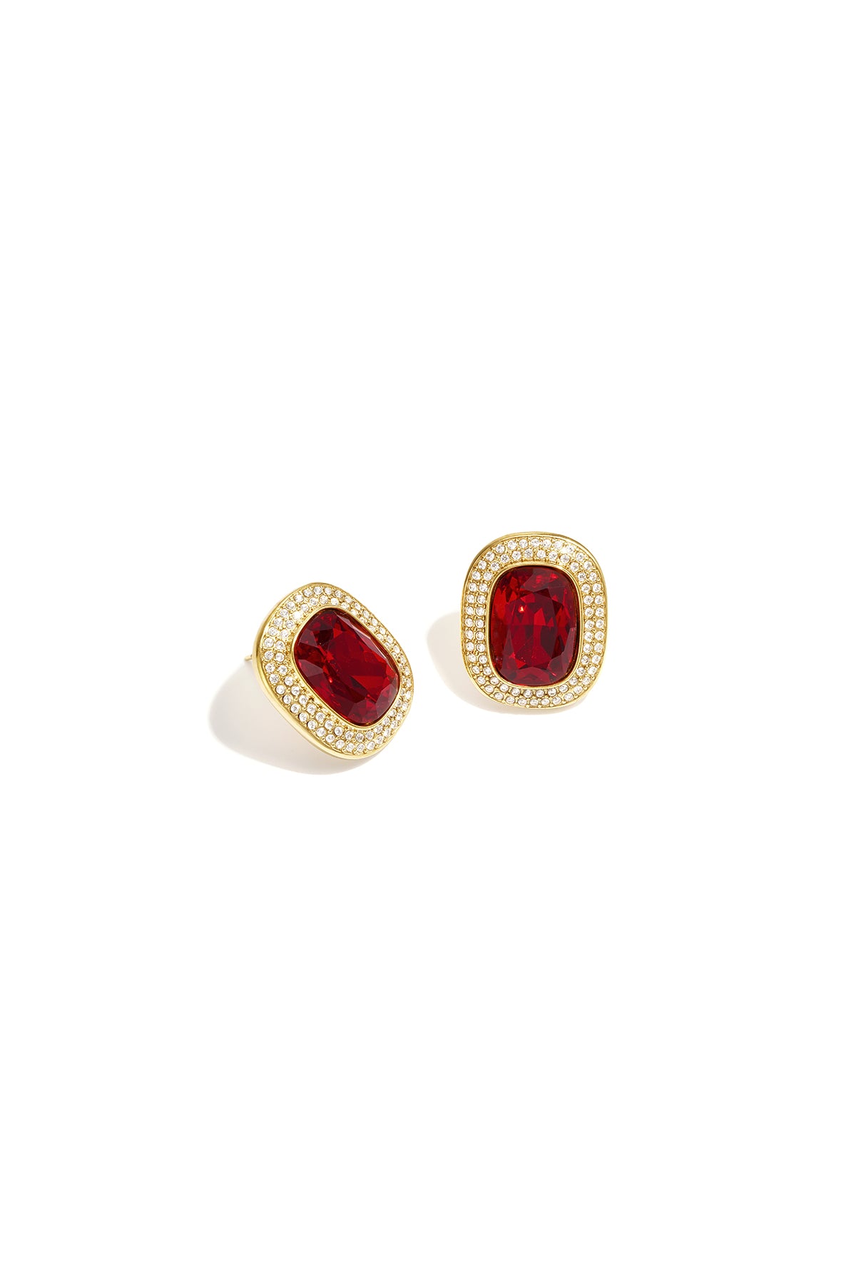 Eclat Halo Studs in crimson, a cushion-cut crystal set in gold