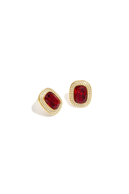 Eclat Halo Studs in crimson, a cushion-cut crystal set in gold