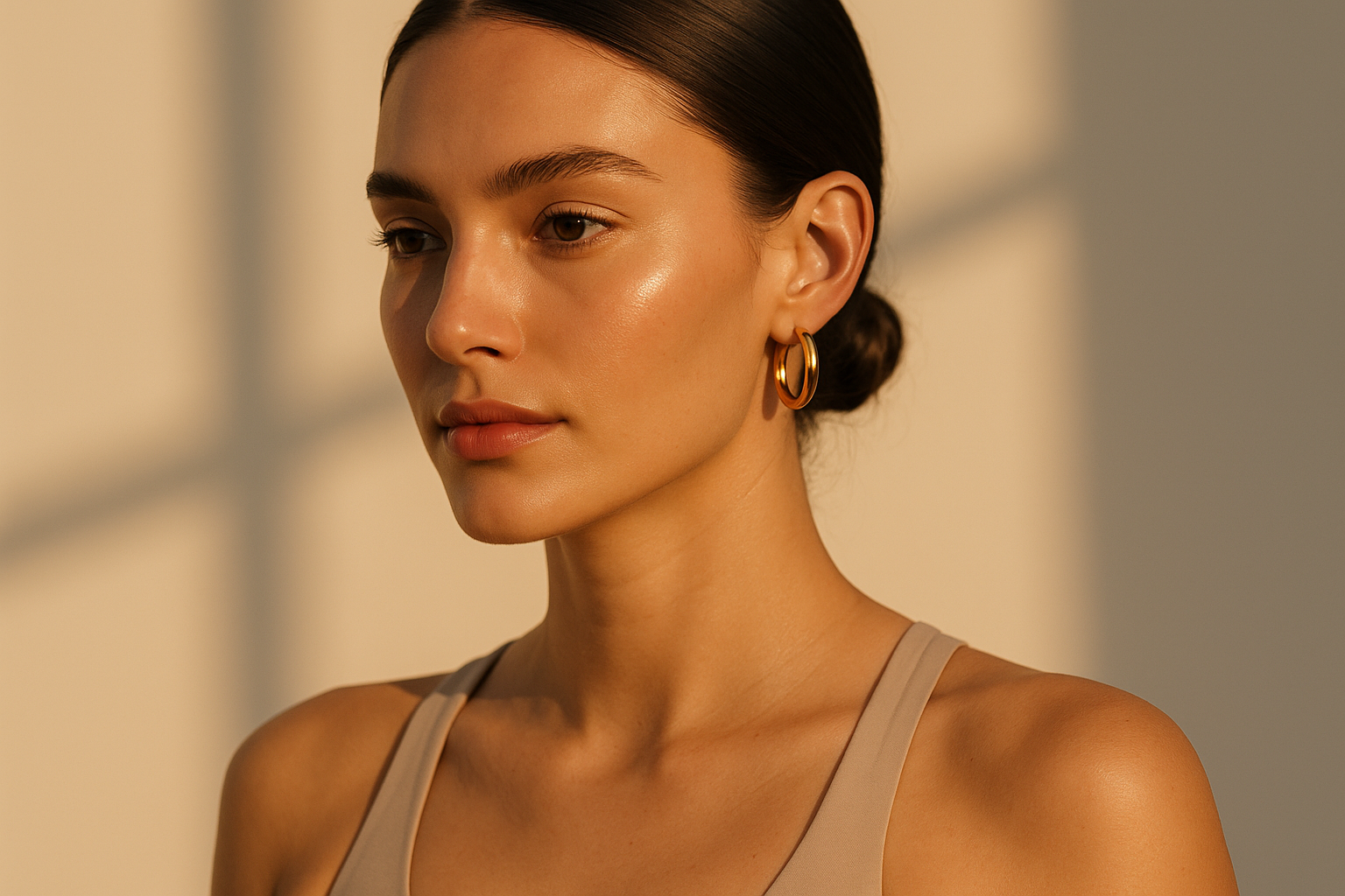 As a creative fashion photographer create a photoshoot of.a jewellery model like mejuri brand to show a close up style of live shot of a model wearing earrings (hoops) and wearing a chic fitness top in Californian weather style