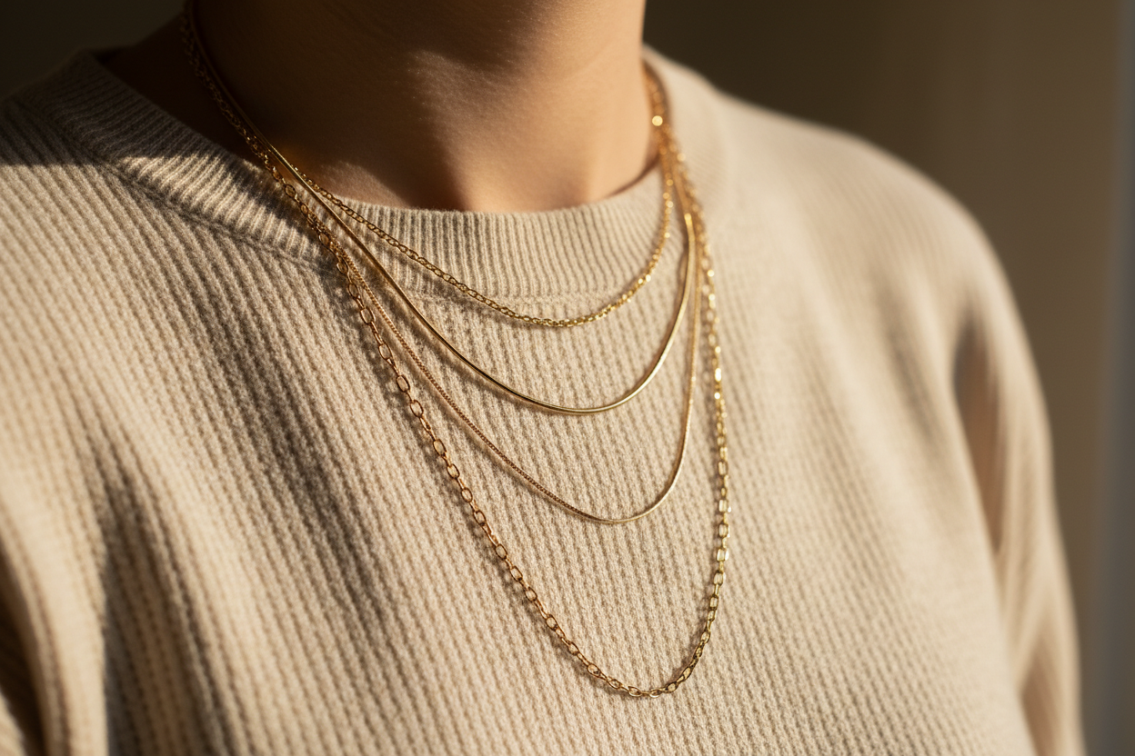Close-up lifestyle fashion photography, cropped at collarbone, no face visible.
Layered gold-plated necklaces worn with a soft neutral outfit.
Natural light, warm tones, effortless everyday styling.
Editorial, calm, realistic, premium but understated.
