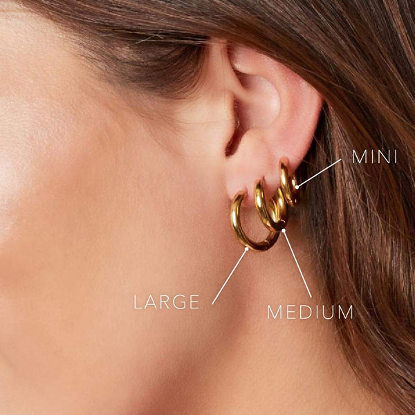 Hoop earrings size guide on the ear: Mini, Medium and Large