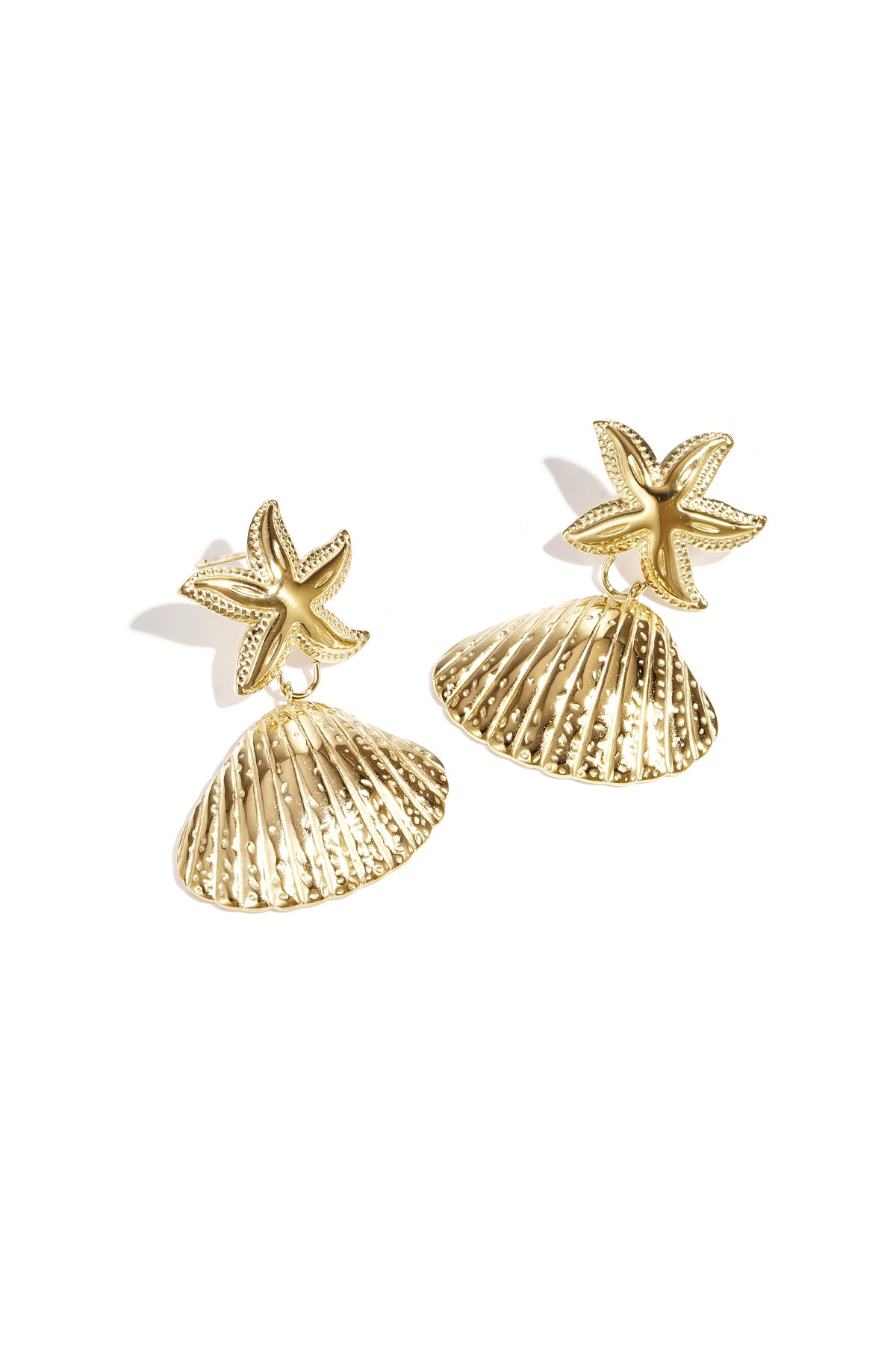 Gold starfish stud earrings with hanging scallop shell drop