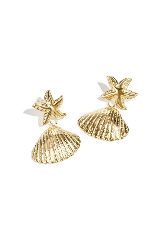 Gold starfish stud earrings with hanging scallop shell drop